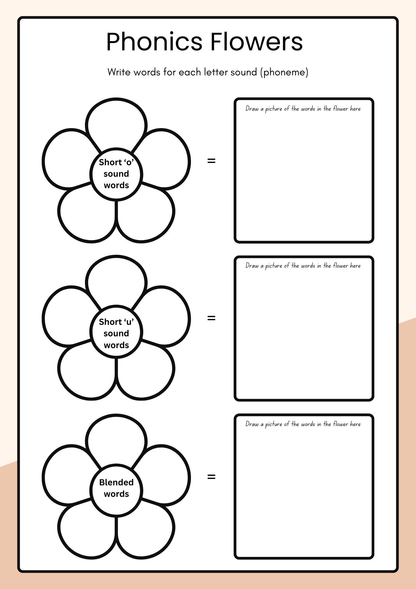 My Flower Phonics Workbook| Short Vowel Sounds | Read, Write & Draw Activity Pages