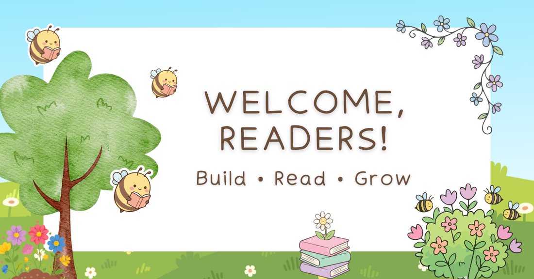 Illustration of bees reading books among flowers representing literacy learning and reading growth