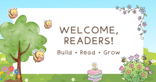 Illustration of bees reading books among flowers representing literacy learning and reading growth