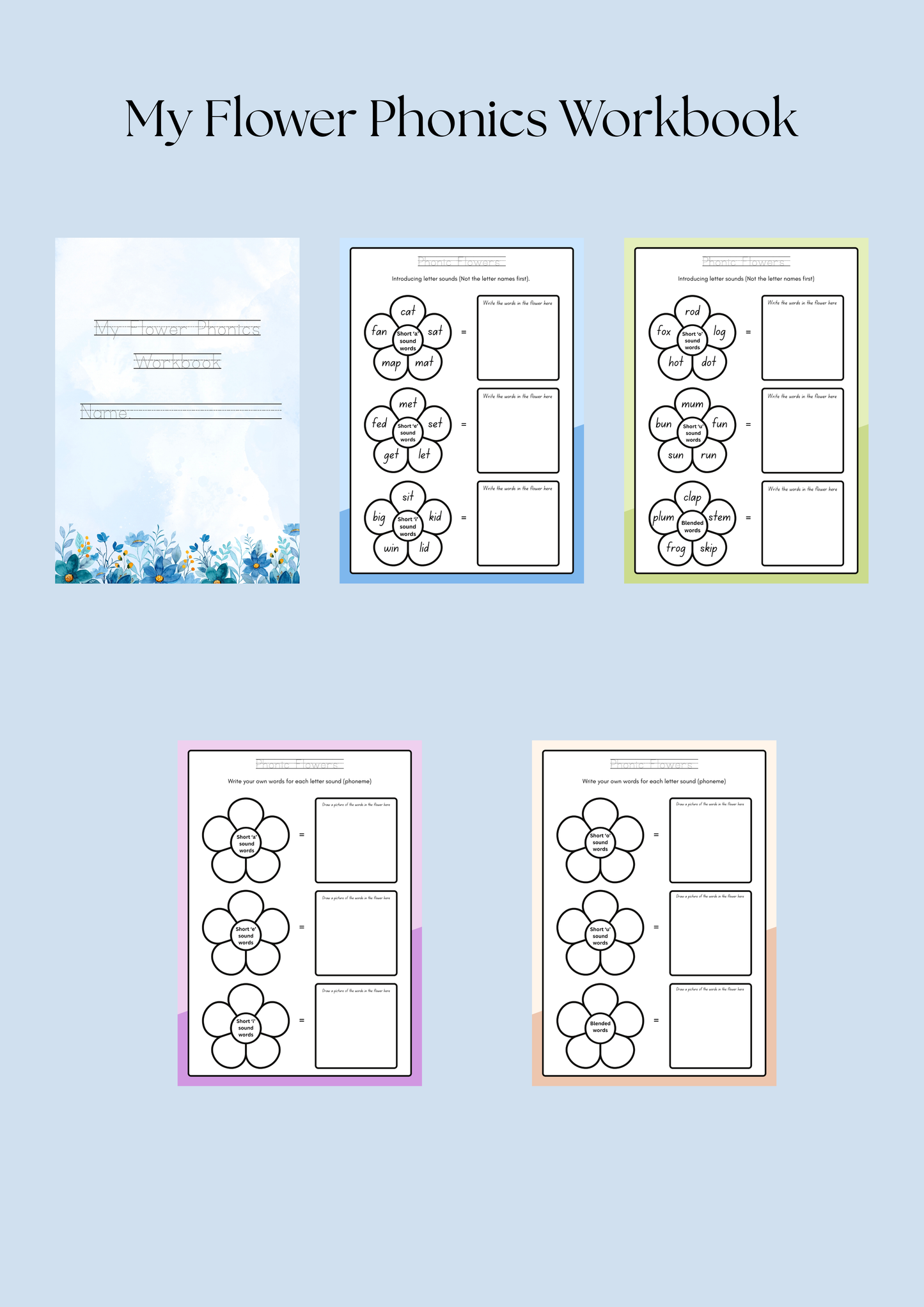My Flower Phonics Workbook| Short Vowel Sounds | Read, Write & Draw Activity Pages