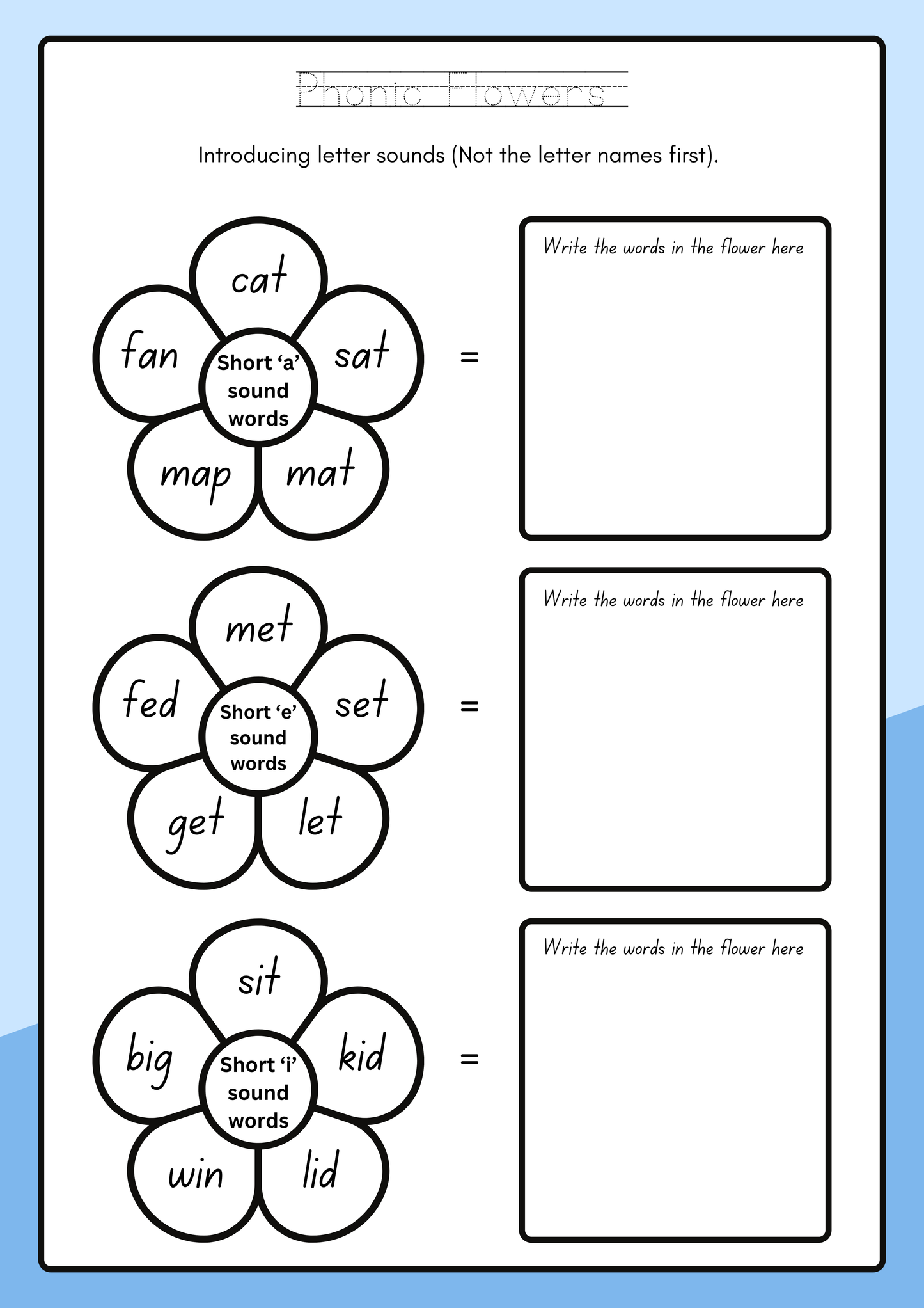 My Flower Phonics Workbook| Short Vowel Sounds | Read, Write & Draw Activity Pages