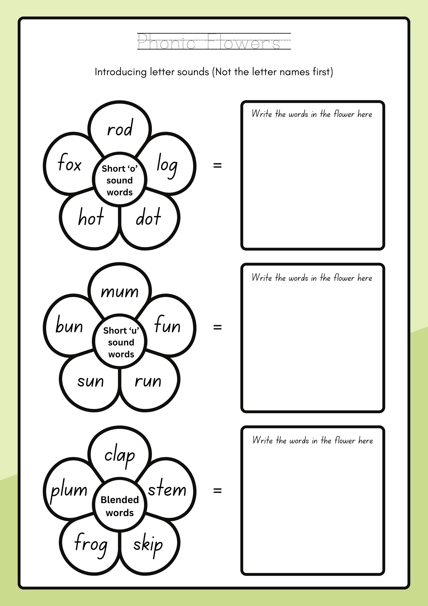 My Flower Phonics Workbook| Short Vowel Sounds | Read, Write & Draw Activity Pages