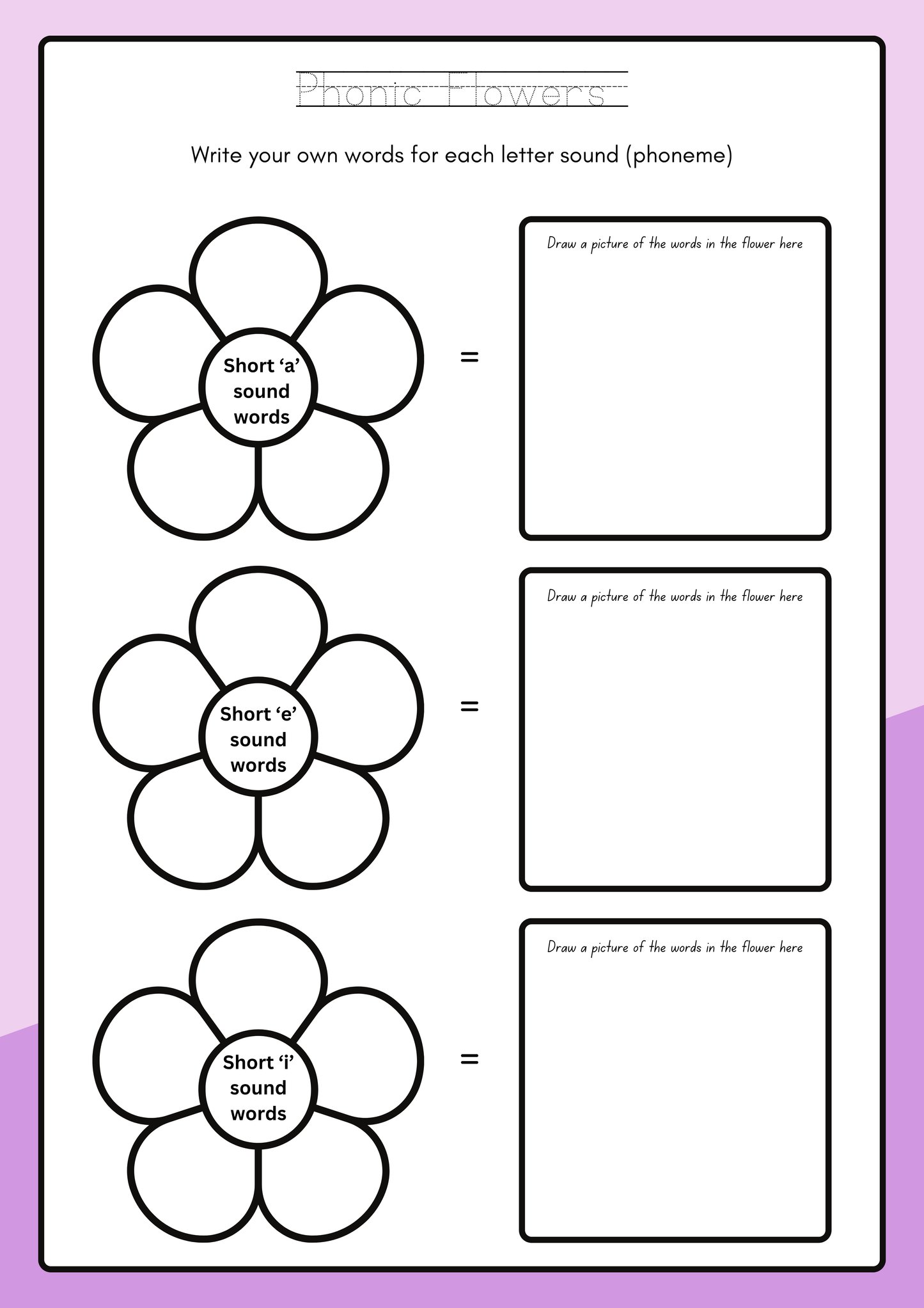 My Flower Phonics Workbook| Short Vowel Sounds | Read, Write & Draw Activity Pages