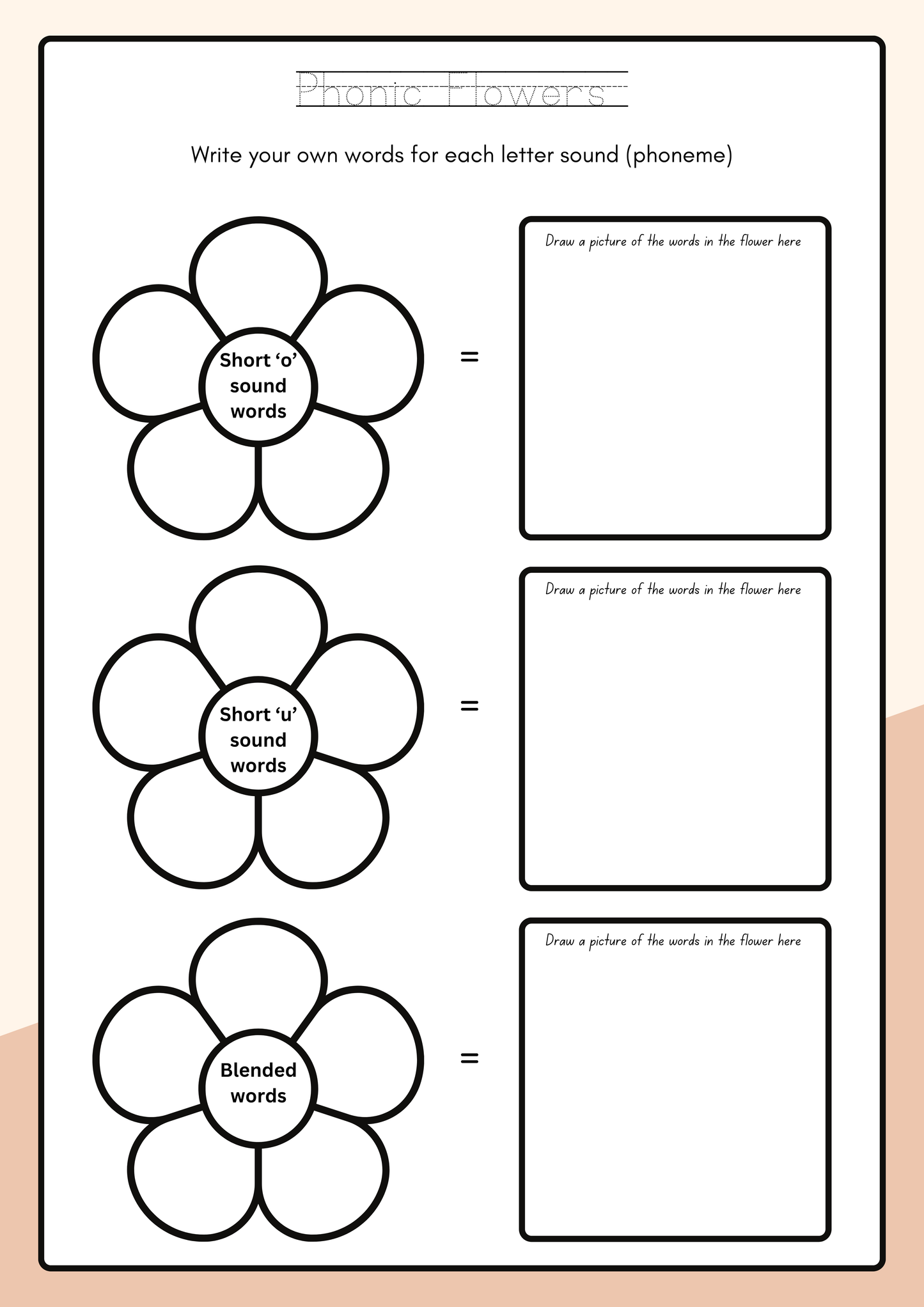 My Flower Phonics Workbook| Short Vowel Sounds | Read, Write & Draw Activity Pages