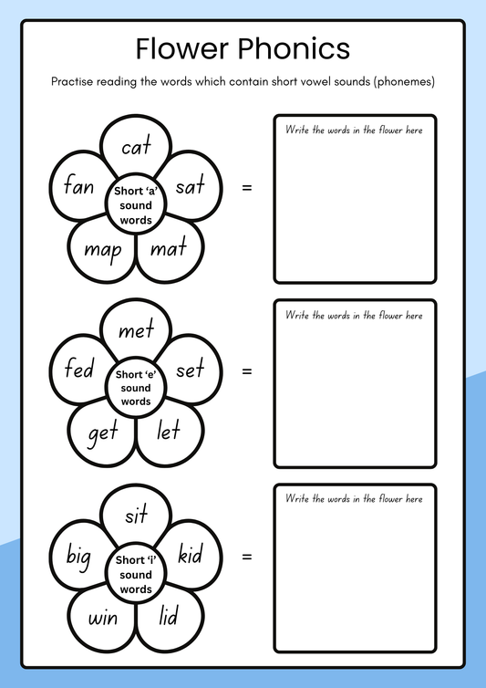 My Flower Phonics Workbook| Short Vowel Sounds | Read, Write & Draw Activity Pages