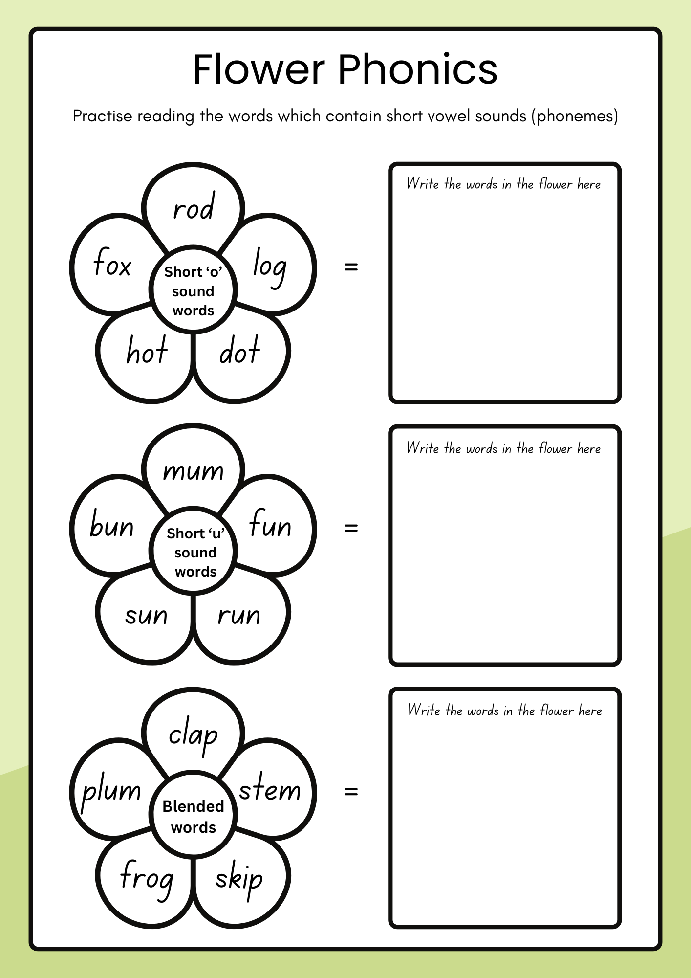 My Flower Phonics Workbook| Short Vowel Sounds | Read, Write & Draw Activity Pages