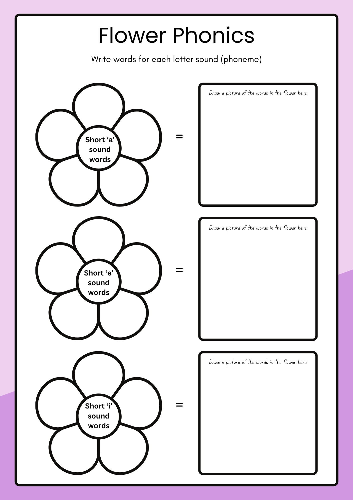 My Flower Phonics Workbook| Short Vowel Sounds | Read, Write & Draw Activity Pages