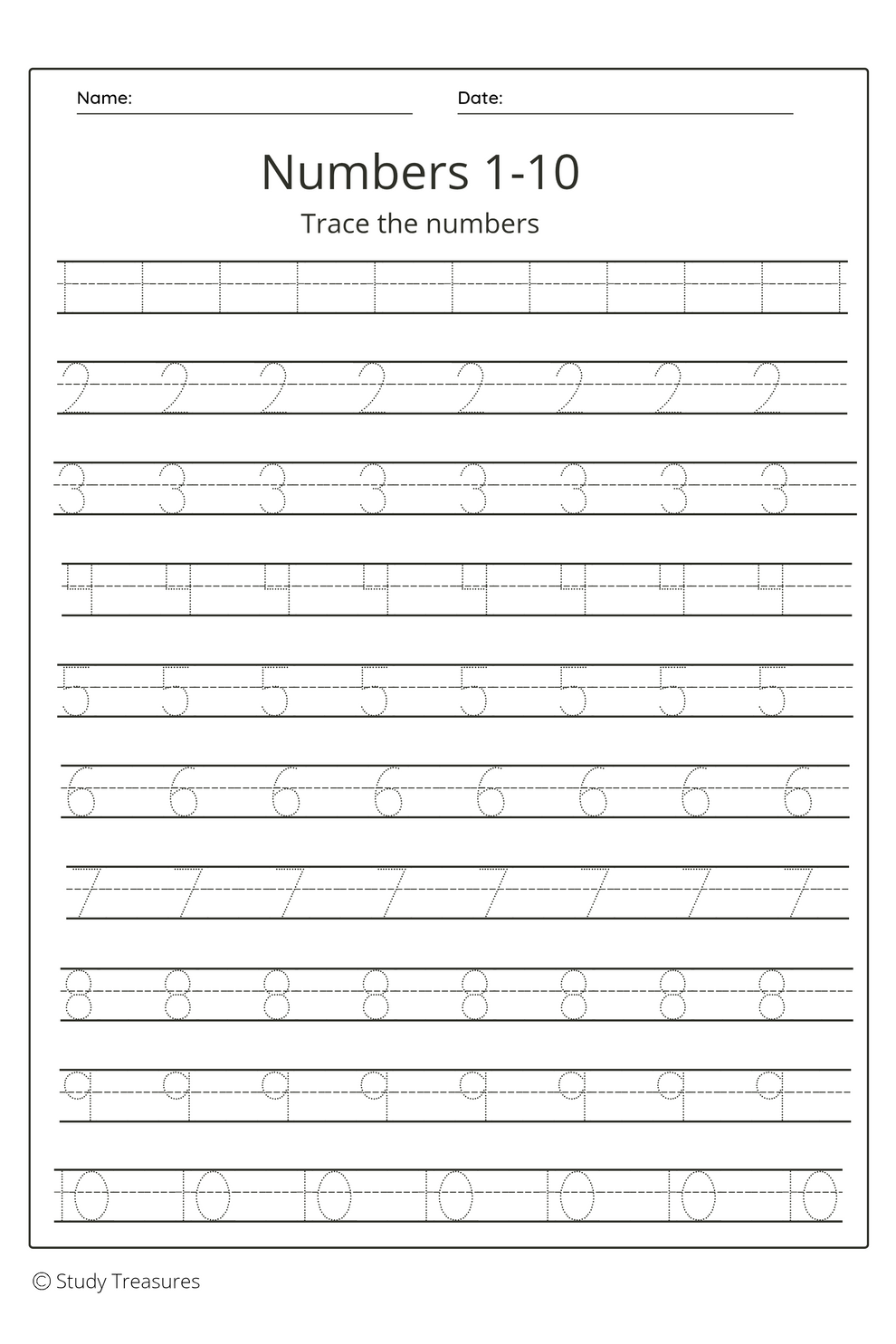 Free Number Tracing Worksheet – Study Treasures